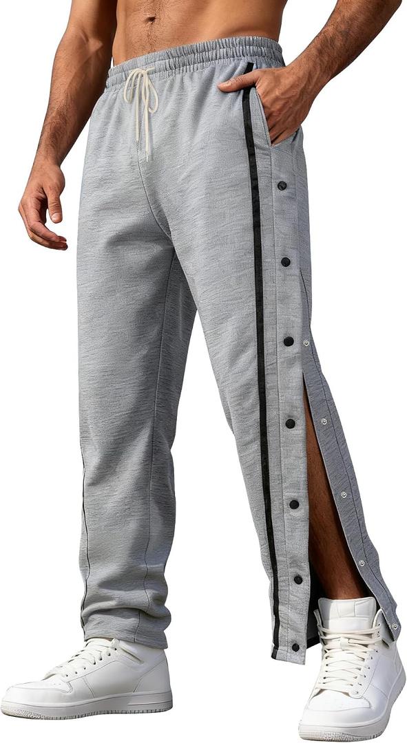 Men's Youth Tear Away Sweatpants Loose Fit Snap Button Athletic Jogger Basketball Pants with Pockets (Gray, XXL)