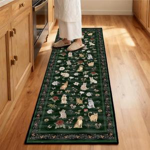 Runner Rug 2'x6' Animal Cat Dog Floral Kitchen Rugs Washable Mat Non-Slip Soft Carpet with Rubber Backing Rugs for Hallways, Kitchen, Laundry, Bedroom, Bathroom, Green
