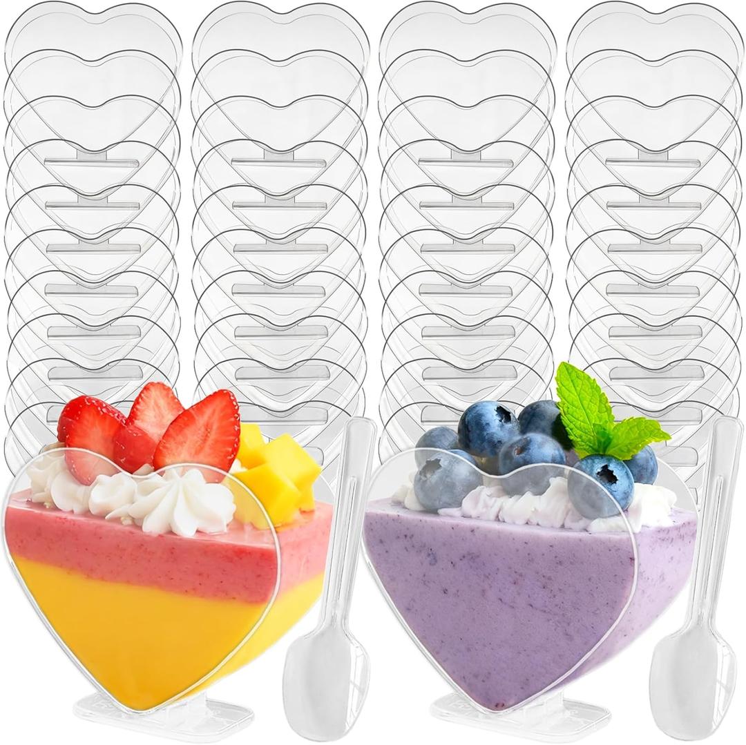 100 Pack Heart Shaped Dessert Cups,2.7 oz Plastic Mini Dessert Cup with Spoon,Disposable Plastic Parfait Cups for Party, Buffet, Valentine's Day, Wedding
