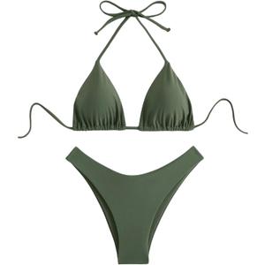GORGLITTER Women's High Waisted Thong Bikini Set Halter Triangle Tie Back Swimsuit Bathing Suit (Army Green)