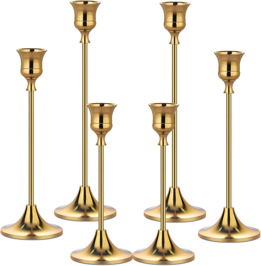 Metal Candle Holders for Candlesticks Taper Candlestick Holders Set Vintage Decorative Centerpiece Candelabra Tall Candle Stands (Gold, 2 Sets (6 pcs))