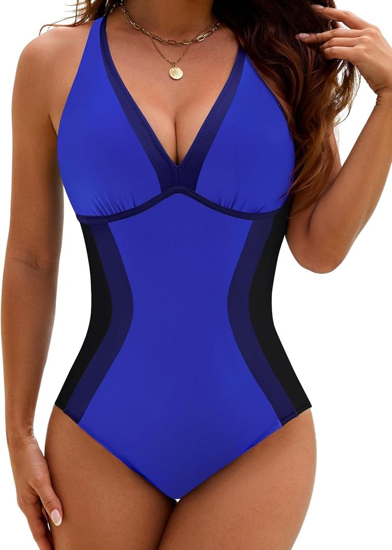 BMJL Womens One Piece Swimsuit Slimming Tummy Control Bathing Suit Color Block Shapewear Swim Suits 2026, Deep Blue Large
