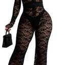 See Through Black Floral Lace Jumpsuit for Women Evening Party Sexy Bodycon Long Sleeve Long Skinny Clubwear Jumpsuits Button Down(XX-Large)