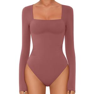 Avidlove Bodysuits for Women Sexy Long Sleeve Bodysuit Square Neck Double Lined Ruched Snap Closure Bodysuit Tops (Medium, Fuchsia)