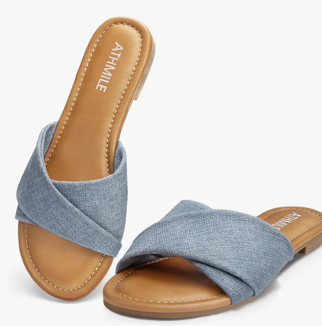 ATHMILE Sandals for Women 2026 Dressy Summer Flat Comfortable Fashion Beach Cute Ladies Slides Leather Casual Dress Women's Sandals Size 10