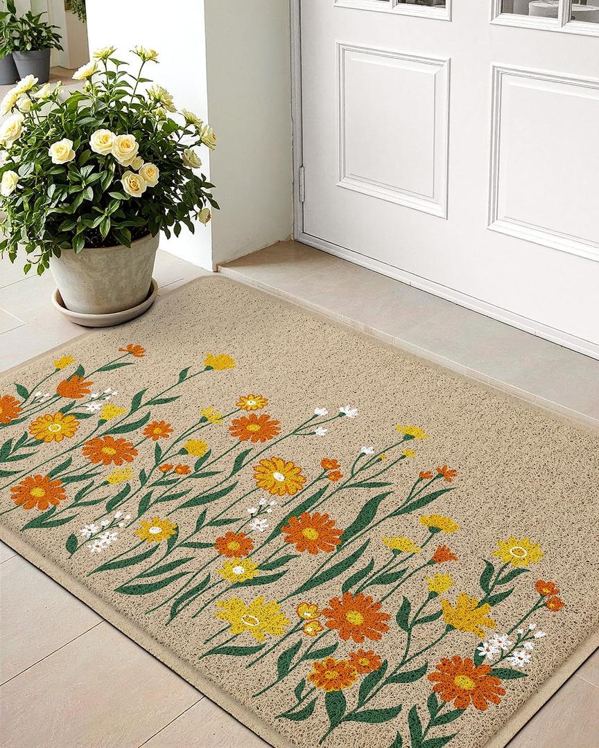LUMI Spring Floral Door Mat, Low Profile Thin Mesh Doormats, Dirt Trapper Stain Resistant Welcome Mats, Waterproof Outside Mat for Home Decor, 24" x 35" 