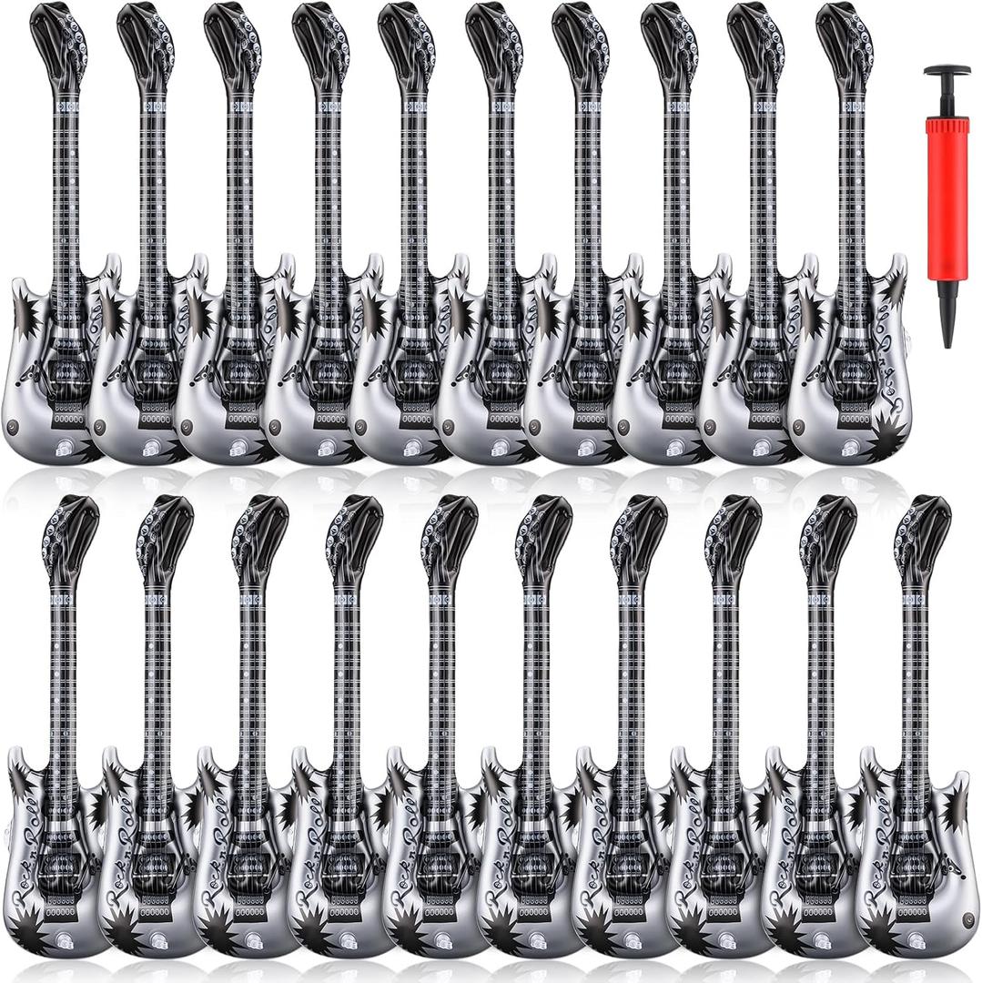 20 Pcs Inflatable Guitars 21 Inch Small Blow up Guitar with Inflator Silver Rock Instrument for Kids Birthday Rock and Roll Party Decorations Photo Booth Props