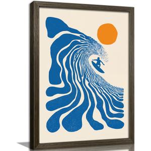 Framed Vintage Surfer Wave Canvas Wall Art, Retro Minimalist Ocean Surf Print, abstract Surf Coastal Beach Wall Decor for Bedroom Surf Room Office, 24"L x 16"W