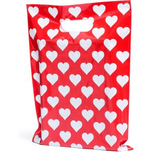 Red Merchandise Bags With White Hearts 100 Count 9"x12" Size 1.5Mil Thick Glossy Valentine Bags