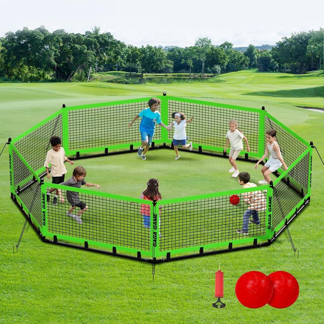 Gaga Ball Pit for Kids, Portable Gagaball Court 15ft Equipped with Carry Bag, 2 Gaga Balls, Wind Ropes and Ground Spikes for Sport Games and Indoor & Outdoor Activities (Green)