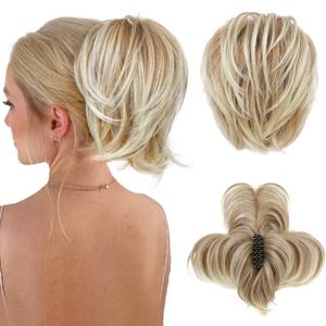 HOOJIH Messy Bun Hair Piece, Claw Clip in Straight Hair Bun 9 Inch Short Ponytail Extension with Bendable Metal Wire Hair Pieces for Women Fake Hair Bun - Deep Blonde with Light Blonde Tails