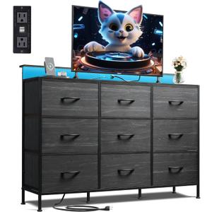 WLIVE Black Dresser TV Stand for 45, 50, 55 inch TV, Entertainment Center with LED Lights & Charging Station, Chest of drawers with 9 Fabric Drawers and Open Shelves for Living Room, Hallway, Wood Top