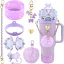 Bling Stanley Cup Accessories for 40oz & 30oz Tumbler including Silicone Cute Bow Straw Topper Cover, Silicone Stanley Cup Boot,Leather Water Bottle Handle Strap, Charms(Purple) (C2-Glossy Purple)