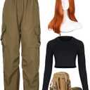 4 Pcs Halloween Cosplay Costume Party Wig Long Straight Orange Long Sleeve Crop Top Cargo Pants Waist Bag (Medium)