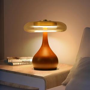 Wooden Table Lamps for Living Room - Farmhouse Lamps for Night Stands with Adjustable Brightness - Amber Glass Shade, Modern Nightstand & Desk Lighting for Bedroom,Office (9.7 Inch)