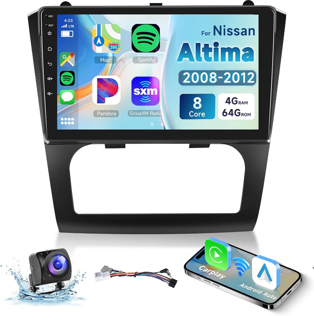 8-core 4G+64G Android Car Radio for Nissan Altima 2008 2009 2010 2011 2012, Wireless Carplay Android Auto Car Stereo, 9 IPS Touchscreen with WiFi, GPS, Bluetooth,FM/RDS, 32EQ DSP, Rear Camera