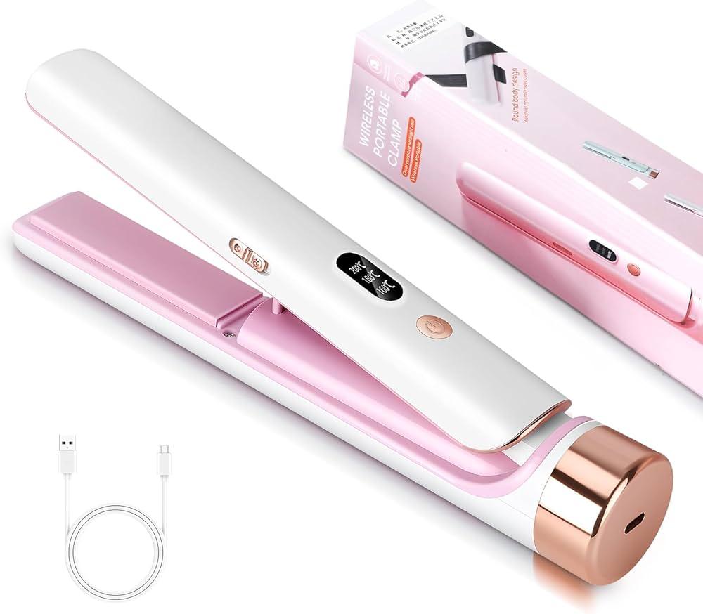 Cordless Hair Straightener Portable Travel Rechargeable Flat Iron, Fast Heating, Adjustable Temperature for Professional Straightening & Curling, Portable and Travel-Friendly (White)