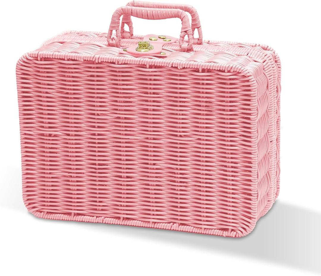 Mini Wicker Picnic Basket, Decorative Prop Suitcase Vintage Storage Hamper Makeup Organizer, 11.5" Metal Lock Rattan Storage Box with Handles for Sundries Travel Camping and Outdoor Party (Pink, L)