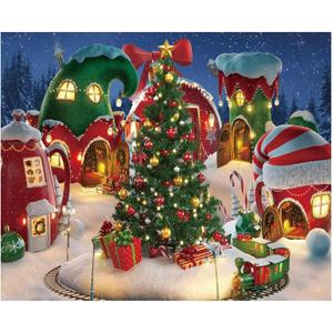 Funnytree 10x8FT Cartoon Christmas Village Photography Backdrop Winter Cabin Snow Pine Tree Background Xmas Fairy Tale Animated Kid Ice Party Photo Booth Banner Supplies Durable Soft Fabric