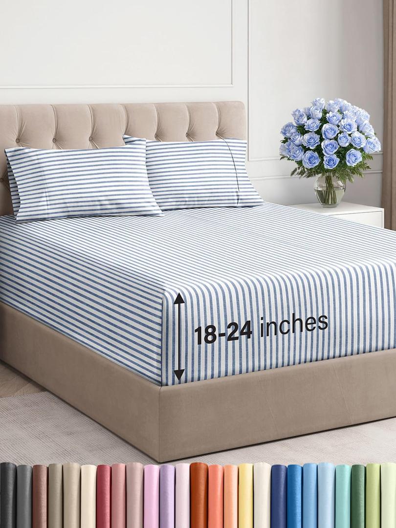 Extra Deep Pocket Queen Sheet Set - 4 Piece Breathable & Cooling Bed Sheets - Hotel Luxury Sheet Set - Ultra Soft, Wrinkle Free & Comfy - Fits Extra Deep Mattresses - Deep Pocket Blue Stripes 2 Sheets