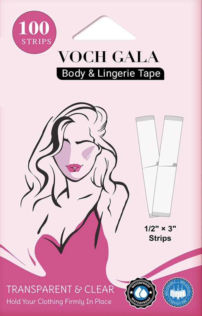 VOCH GALA Double Sided Tape for Clothes & Body (100 Strips)  AllDay Hold Lingerie Tape for Bridal & Wedding Dresses | Hypoallergenic Body Tape for Sensitive Skin |MedicalGrade Adhesive, Low Residue