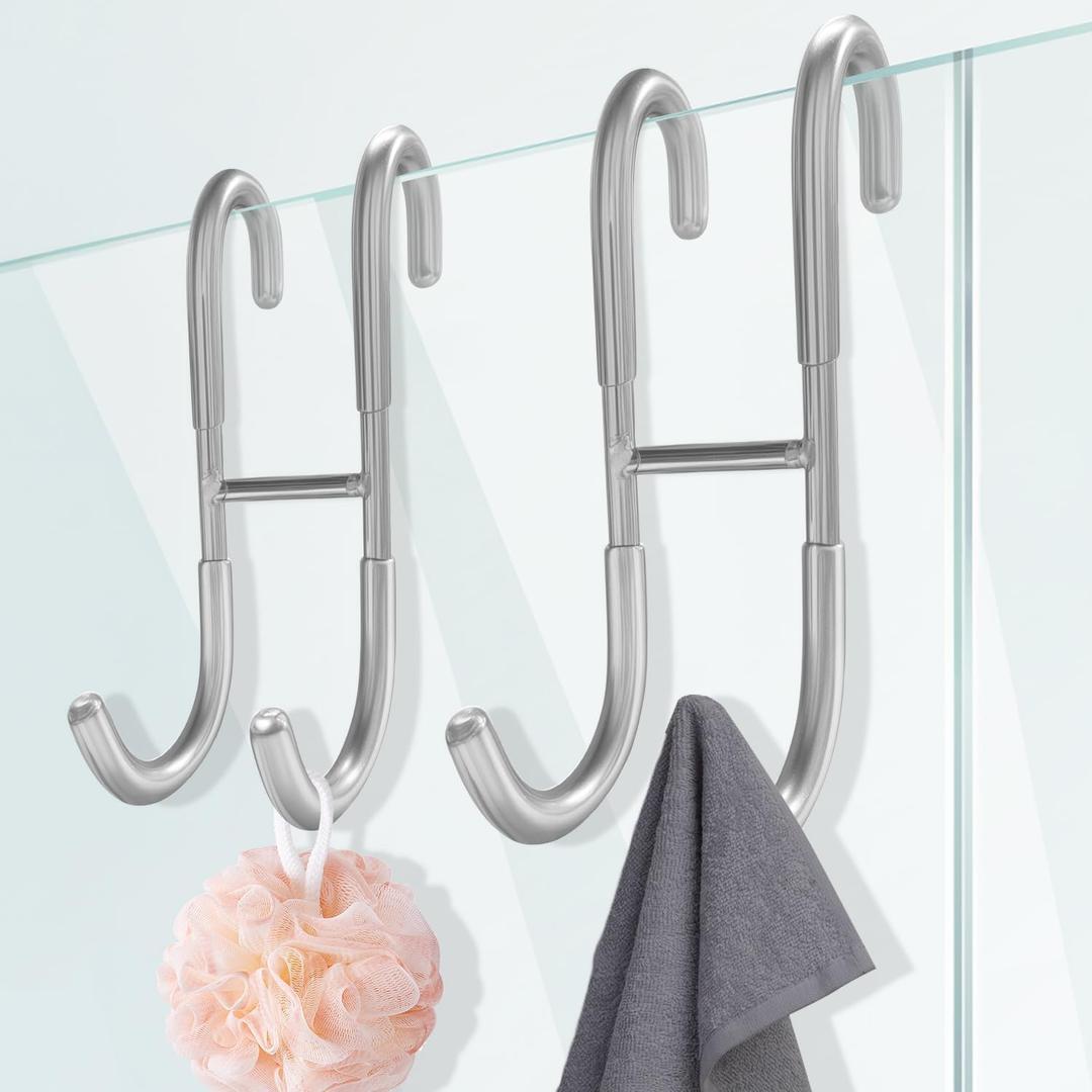 Shower Door Hooks for Towels & Squeegee - No Drill Bathroom Hooks for Frameless Glass Door, Shiny Silver Stainless Steel with Anti-Slip Rubber (2 Pack)