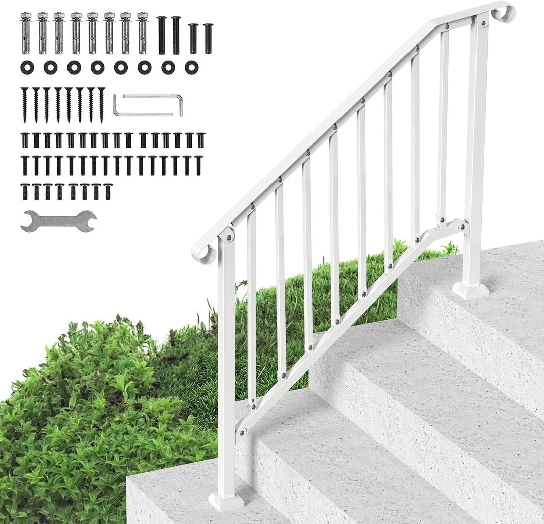 VEVOR Handrails for Outdoor Steps, 3 Step Stair Hand Rail Kit, Transitional Carbon Steel Railings with Installation Kit, Stair Rails for Seniors, Concrete Steps & Porch & Deck, White Retro Arch