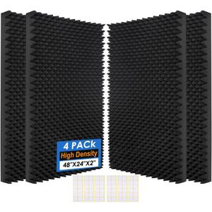 4 Pack Acoustic Panels, 48x24x2” Egg Crate Soundproof Foam Wall Panels High Density Noise Canceling Studio Foam Wall Panels for Echo Absorption Home Office (Black 4 Pack, 48"x24"x2")
