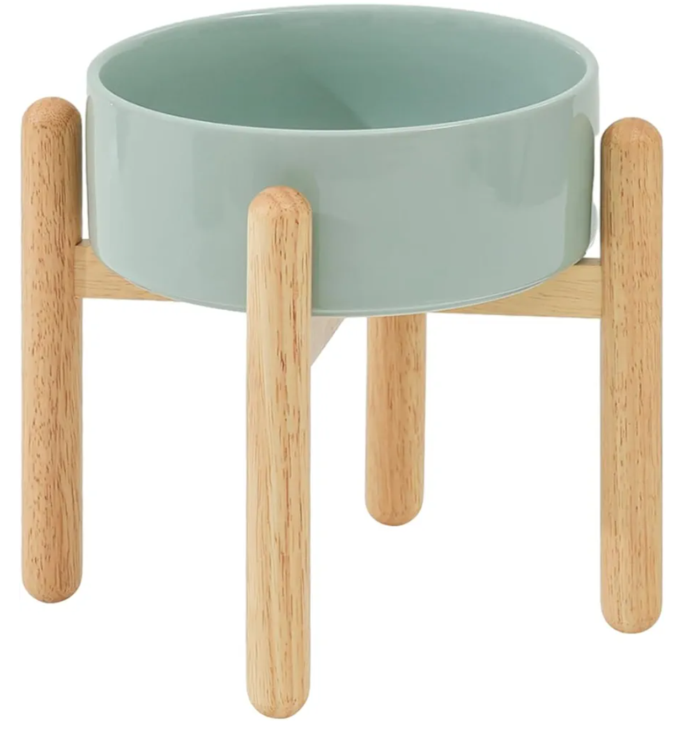 Ceramic 8.2 Inch Raised Dog Bowl with Stand for Large - Breed Dogs, Pet Food and Water Feeder(Single Bowl with Stand - Light Green)