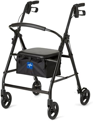 Medline Steel Rollator Walker for Adult Mobility Impairment, Black, 250 lb. Weight Capacity, 6” Wheels, Foldable, Adjustable Handles, Rolling Walker for Seniors