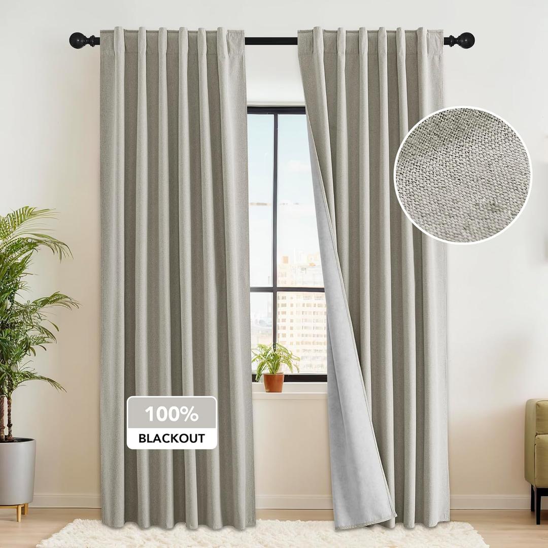 RYB HOME 100% Blackout Flax Linen Curtains, Privacy Bedroom Drapery, Room Darkening Panels for Hotel & Rental House, Rod Pocket & Back Tab, Set of 2, W52 x L96, Sand