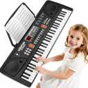 61-Key Kids Piano Keyboard for Beginners - Rechargeable Electronic Music Toy Piano with Music Stand Microphone LED Display AUX in - Birthday for 3-9 Year Old Boys Girls (Black)