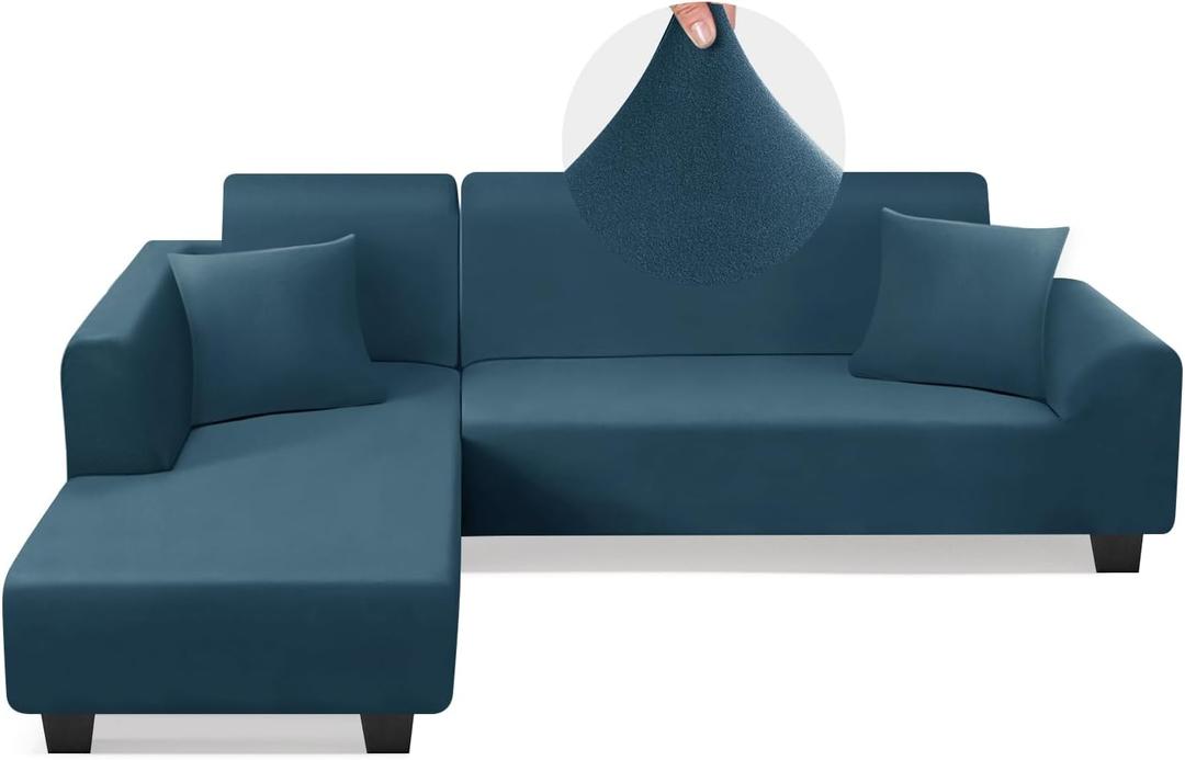 KinCam Sectional Couch Covers L Shape Sofa Covers Super Stretch 2pcs Sofa Slipcovers for 3 + 3 Seaters Sectional Chaise Slipcover with 2pcs Pillow Covers for Pets Kids, Peacock Blue