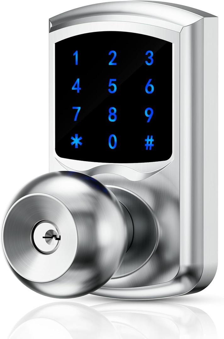 Keyless Entry Door Lock with Code, Keypad Door-Lock with Handle, Electronic Touchscreen Door Knob with Keypad for Front Door Garage Bedroom Home, Auto-Lock, Satin Chrome