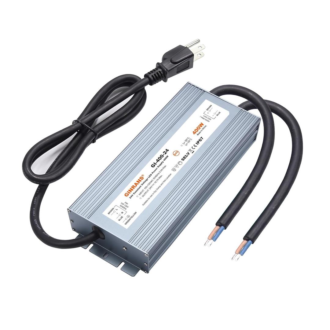 400W IP67 Waterproof Constant Voltage LED Driver Power Supply Transformer, 100-130V AC Universal Input with Plug, Output 24V DC 16.67A Max. for Outdoor LED Lighting