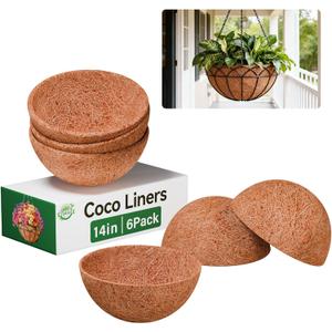 Halatool 6 Pack 14 Inch Hanging Basket Liners Replacement, Round Coconut Liners for Planters Baskets, 100% Natural Coco Fiber Liner for Flowers Vegetables Garden, Drainage & Retain Moisture