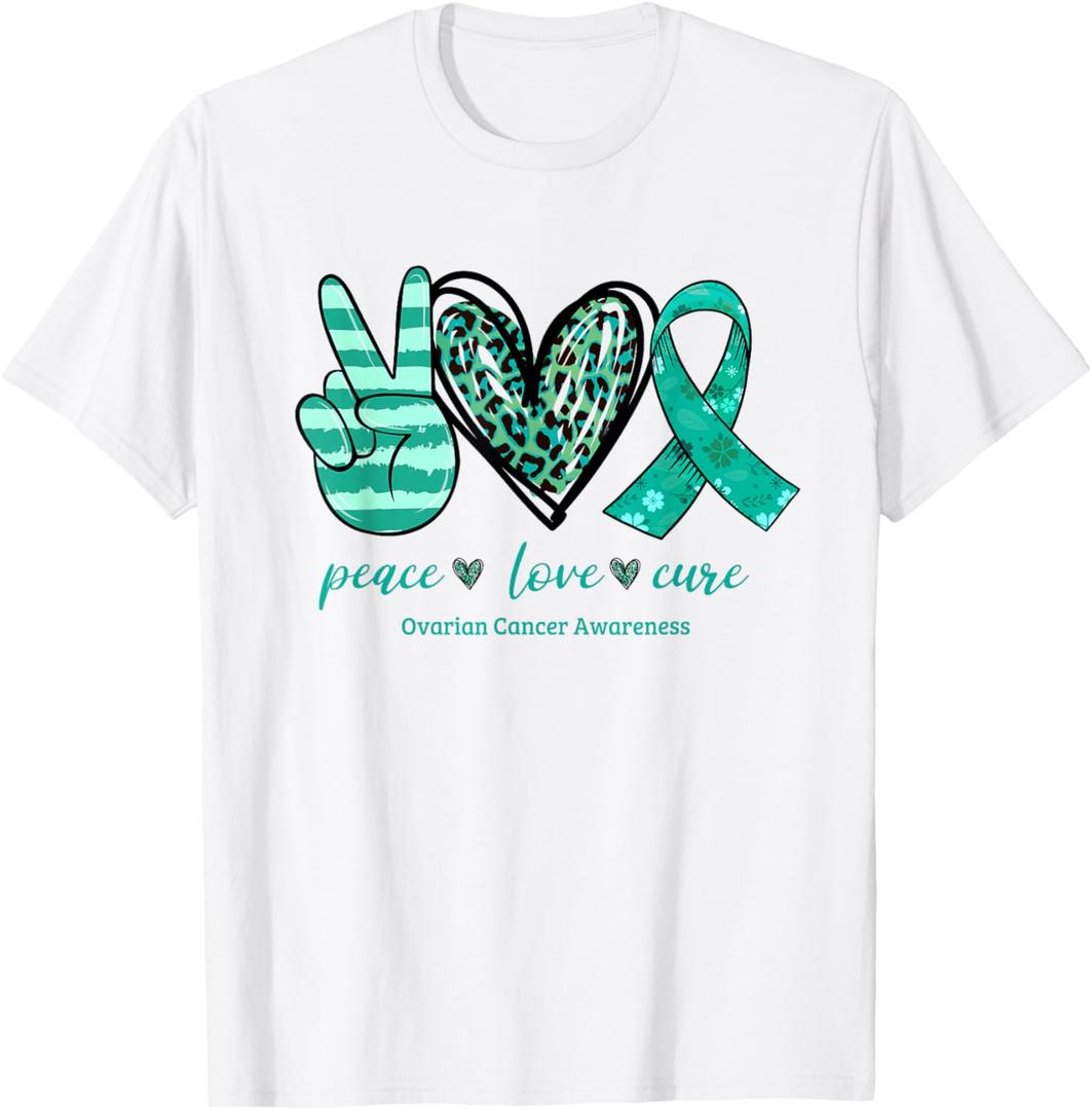 Peace Love Cure Teal Ribbon Ovarian Cancer Awareness T-Shirt 4XL