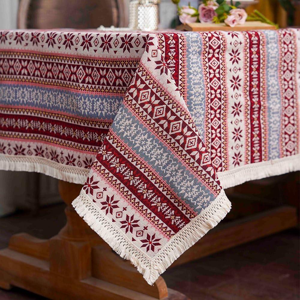 SUTAVIA Cotton Linen Tablecloth with Exquisite Floral Lace Tassel Dust-Proof Rustic Rectangular Tablecloths for Dining Table Home Decor Holiday Party Buffet (Burgundy, Rectangular, 60"x84")