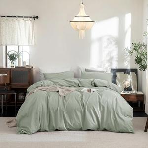 Cover Set 100% Washed Cotton Linen Feel Super Soft Breathable Cozy 3 Pieces Bedding Sets Solid Sage Green Queen