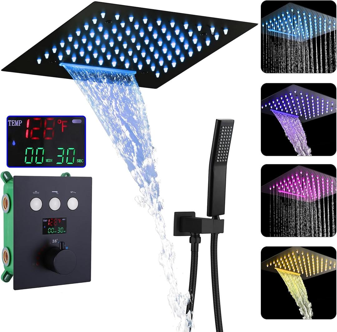 Shower Faucet Set 64 Color LED Thermostatic Shower System Black Digital Display Rainfall Shower System Ceiling Mounted Shower Complete Combo Set with 12 Inch 2 Functional Shower Head
