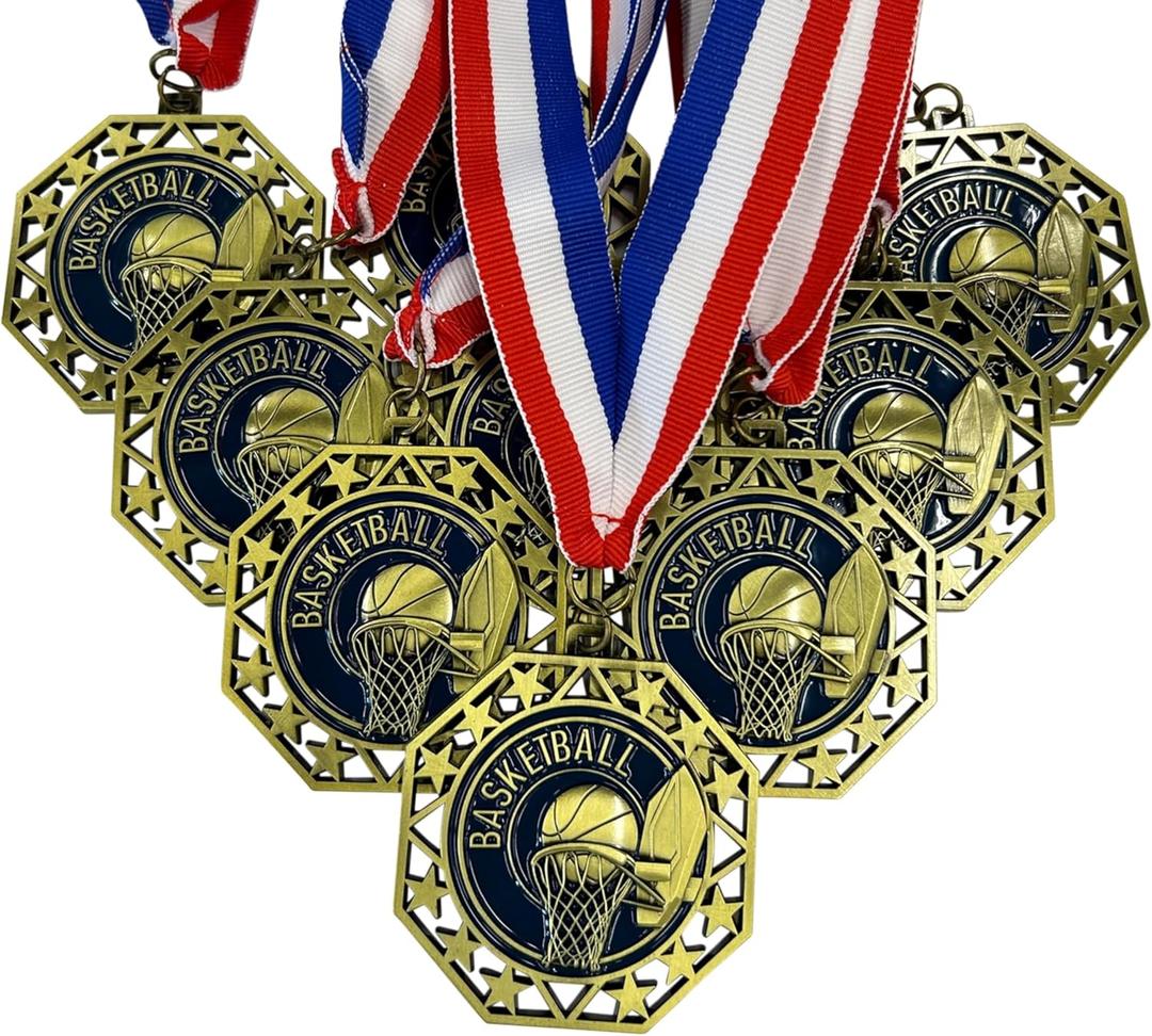 Express Medals Basketball Gold Medals Trophy Award with Neck Ribbons EMDC214BB - (Pack of 10)