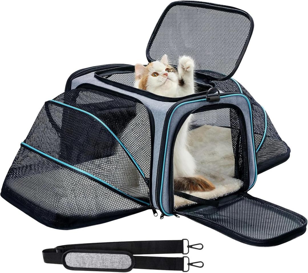 Pet Carrier Airline Approved, Expandable Foldable Soft-Sided Dog Carrier, 3 Open Doors, 2 Reflective Tapes, Pet Travel Bag Safe and Easy for Cats and Dogs (Grey & Blue-Pro)