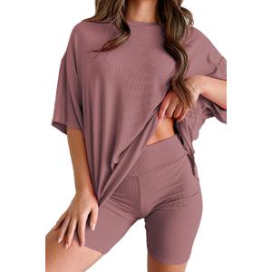 Womens 2 Piece Lounge Set 2026 Summer Travel Outfit Casual Short Sleeve Oversized Tshirts & Biker Shorts (Pink, M)