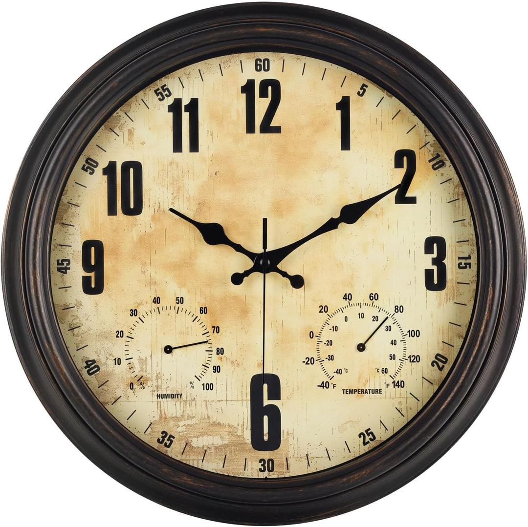 16 Inch Indoor Outdoor Clock with Temperature and Hygrometer Waterproof Large Wall Clock, Silent Battery Powered for Patio Pool Porch Garden Garage Bar Decoration