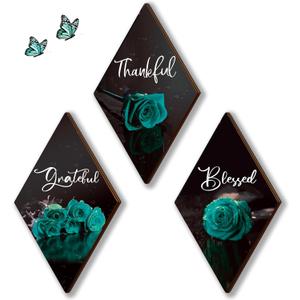 ONIZHITY 3 Pcs Teal Bathroom Decor Rose Wooden Wall Art Turquoise Bathroom Decor with Thankful Grateful Blessed Inspirational for Room Kitchen Bedroom(teal, 12 x 7 Inch)