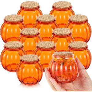 Vesici 12 Pcs Glass Pumpkin Candy Jars with Lid Halloween Autumn Pumpkin Candle Jars for Making Candles 6 oz Small Candy Containers for Snacks DIY Gifts Fall Thanksgiving Table Decorations