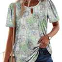 Angerella Womens Casual V Neck Short Sleeve Floral Boho T Shirts Trendy Summer Tops Pleated Tunic Blouses Bean, Green Small