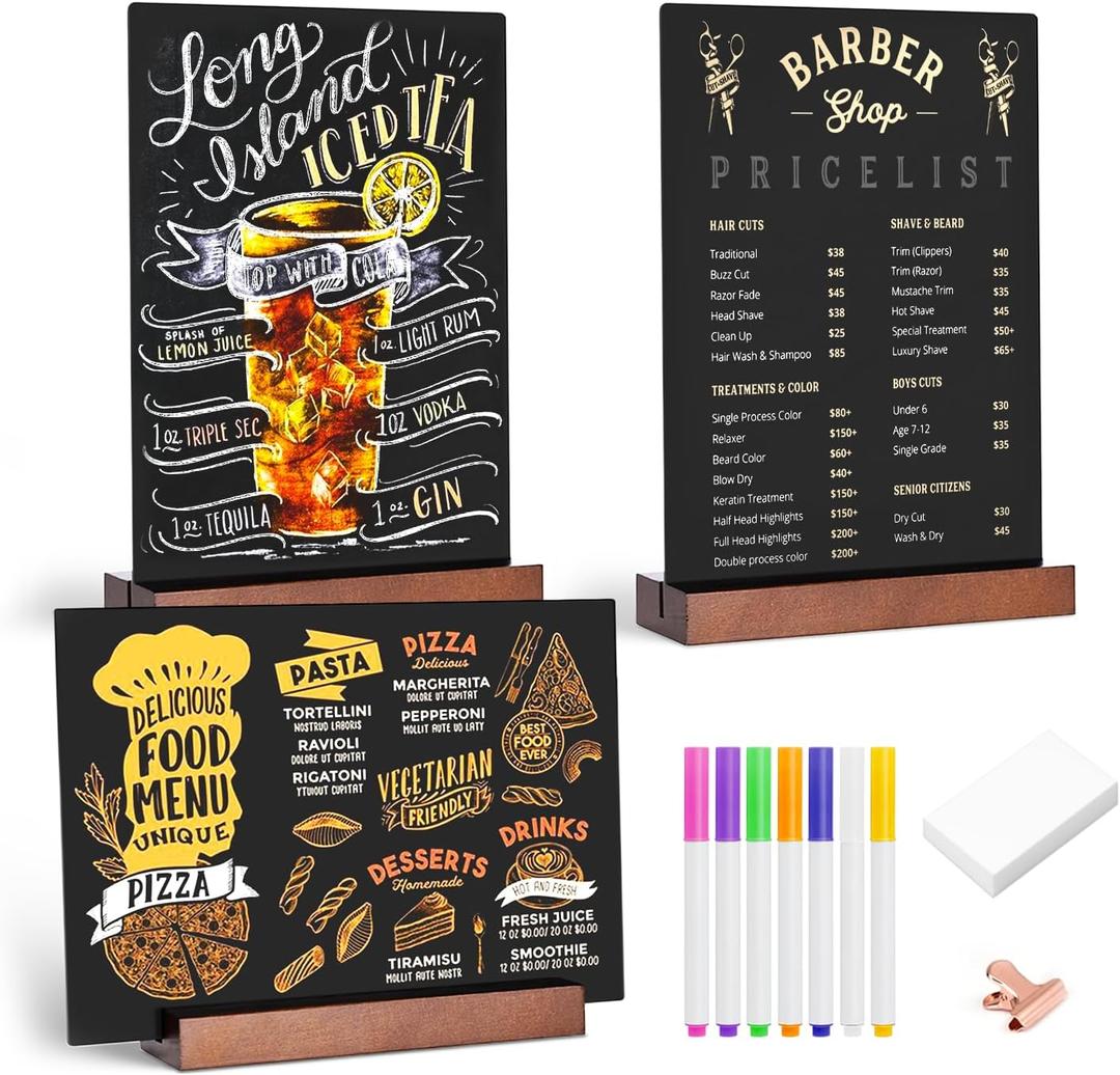Tabletop Chalkboard with Wood Stand - 3 Pack, 8 x 12 Inch Double Sided Blackboard Food Signs Menu Message Boards for Coffee Bar, Lemonade Stand, Party Decoration - Vertical Back