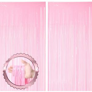 Voircoloria 2 Pack Pastel Pink Tinsel Foil Fringe Curtains, Pink Party Decorations, Metallic Tinsel Party Streamers Backdrop for Birthday Baby Shower, Graduation Wedding Gender Reveal Party Decorations