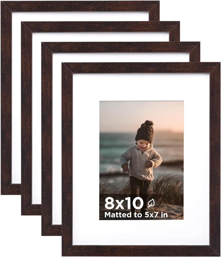 KINLINK 8x10 Picture Frame Brown Set of 4, Wooden Photo Frames Matted 5x7 with Plexiglass for 5x7 with Mat or 8x10 without Mat for Table and Wall Display